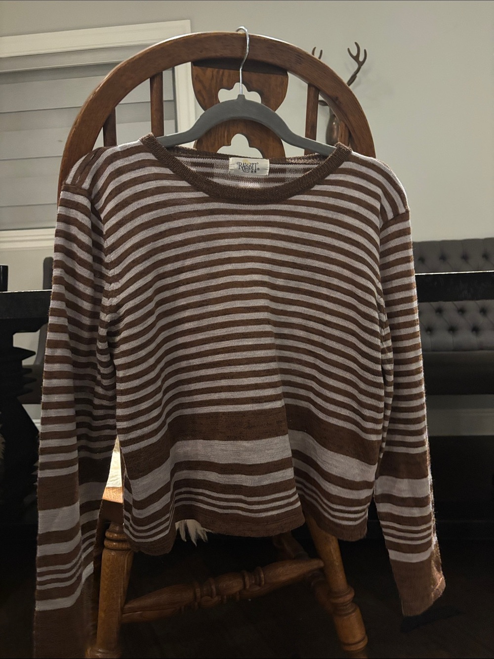 Women's Brown and Cream Striped Crewneck Sweater